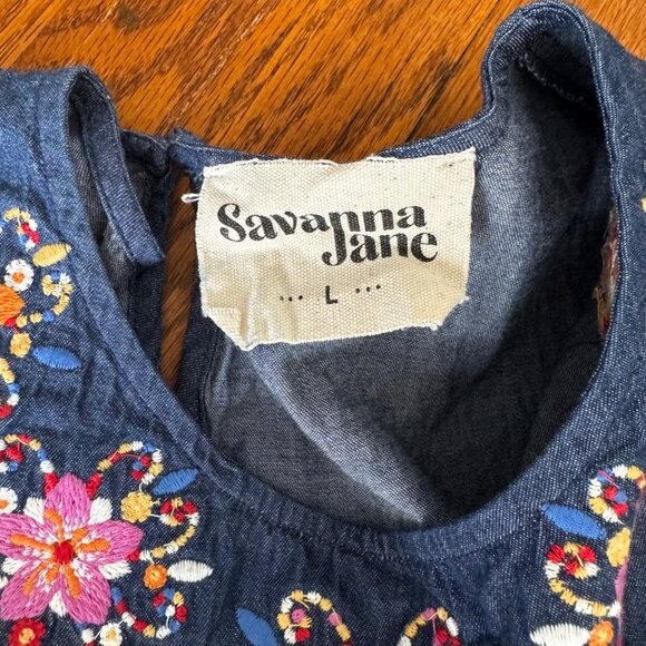 Savanna Jane Top L Embroidered Denim Tunic Tie Back Flutter Sleeve - Picture 6 of 7